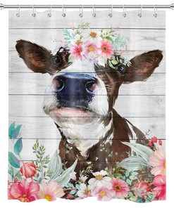 Blooming Watercolor Floral Cow Shower Curtain - Farm Animal