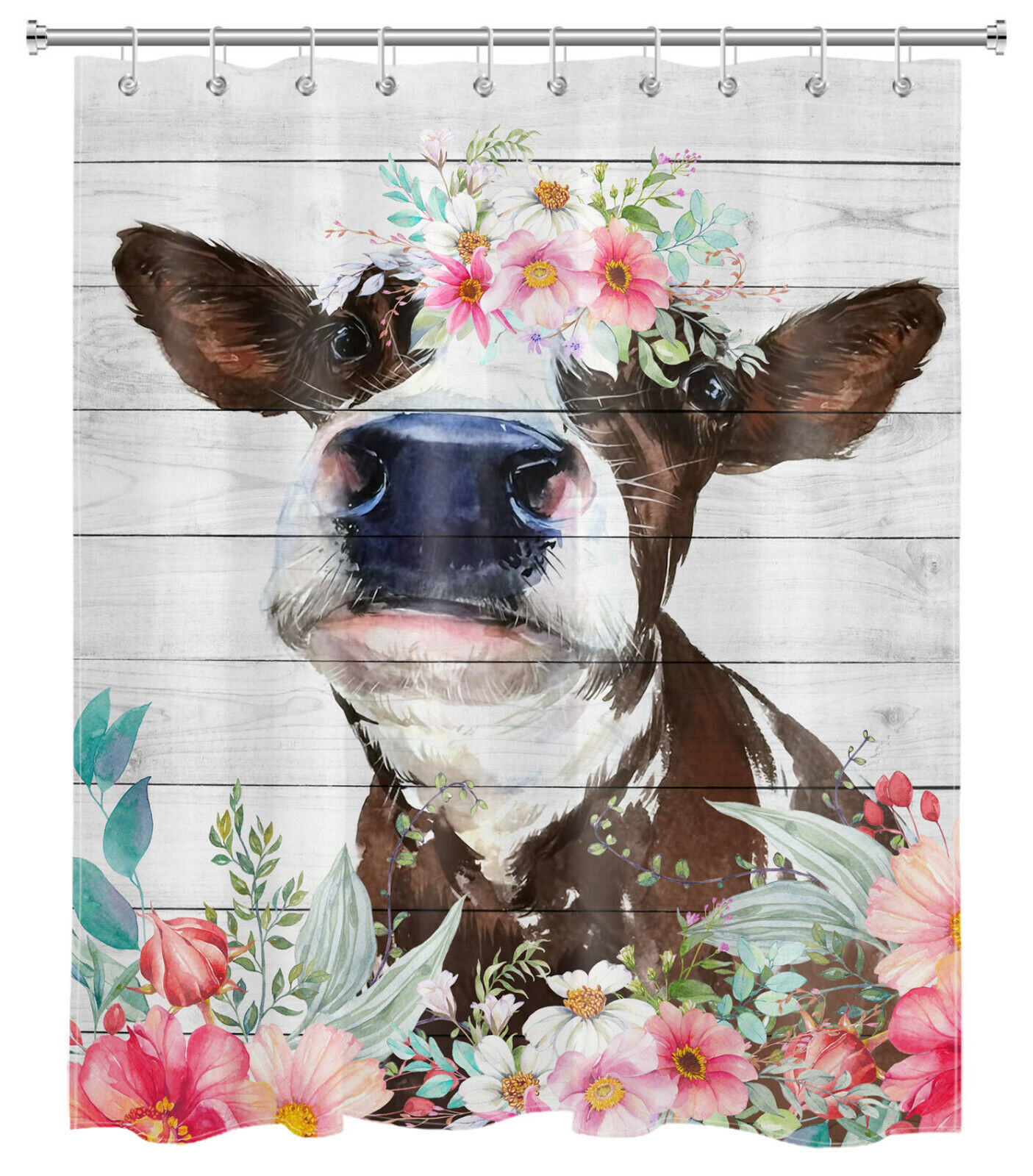 Blooming Watercolor Floral Cow Shower Curtain - Farm Animal
