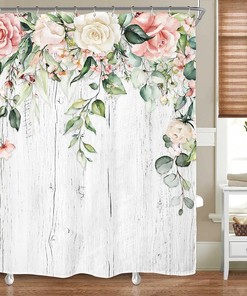 Blossoming Art Pink Roses Shower Curtain for Rustic Farmhouse Eucalyptus Bathroom Decor