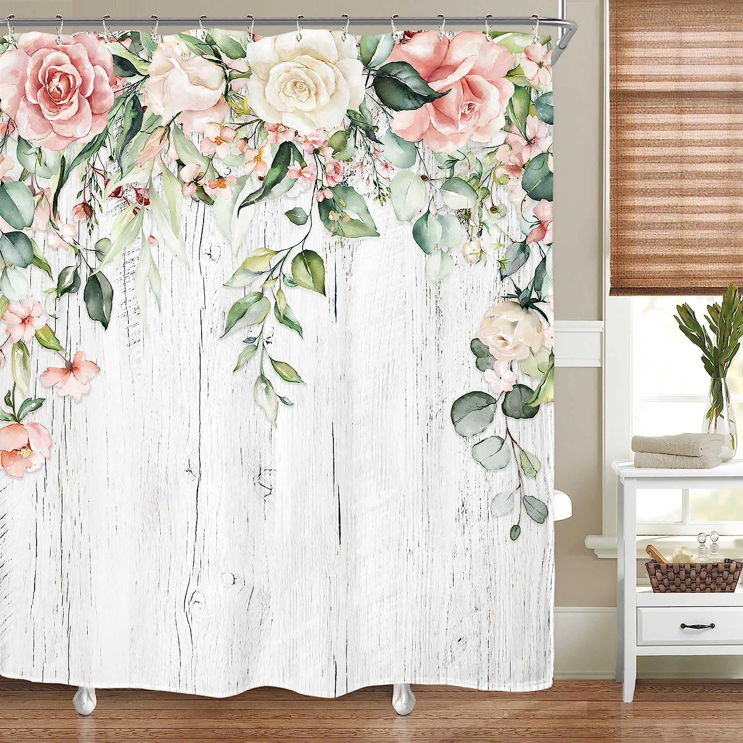 Blossoming Art Pink Roses Shower Curtain for Rustic Farmhouse Eucalyptus Bathroom Decor