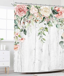 Blossoming Art Pink Roses Shower Curtain for Rustic Farmhouse Eucalyptus Bathroom Decor