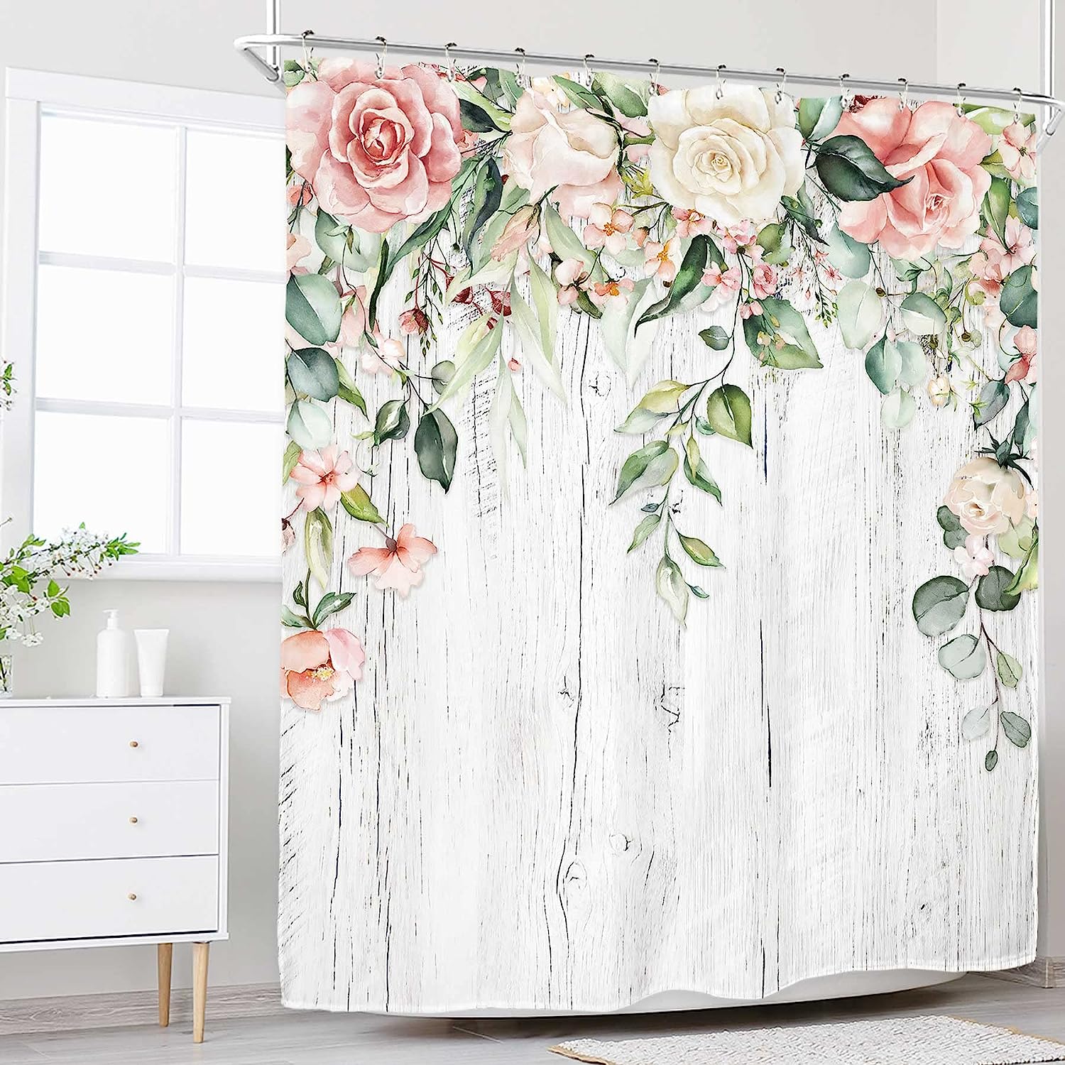 Blossoming Art Pink Roses Shower Curtain for Rustic Farmhouse Eucalyptus Bathroom Decor