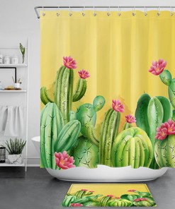 Blossoming Watercolor Cactus Succulent Flowers Shower Curtain for Your Nature Bathroom