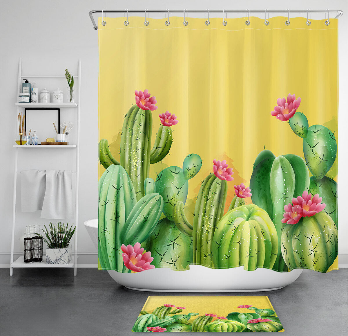 Blossoming Watercolor Cactus Succulent Flowers Shower Curtain for Your Nature Bathroom