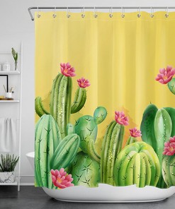 Blossoming Watercolor Cactus Succulent Flowers Shower Curtain for Your Nature Bathroom
