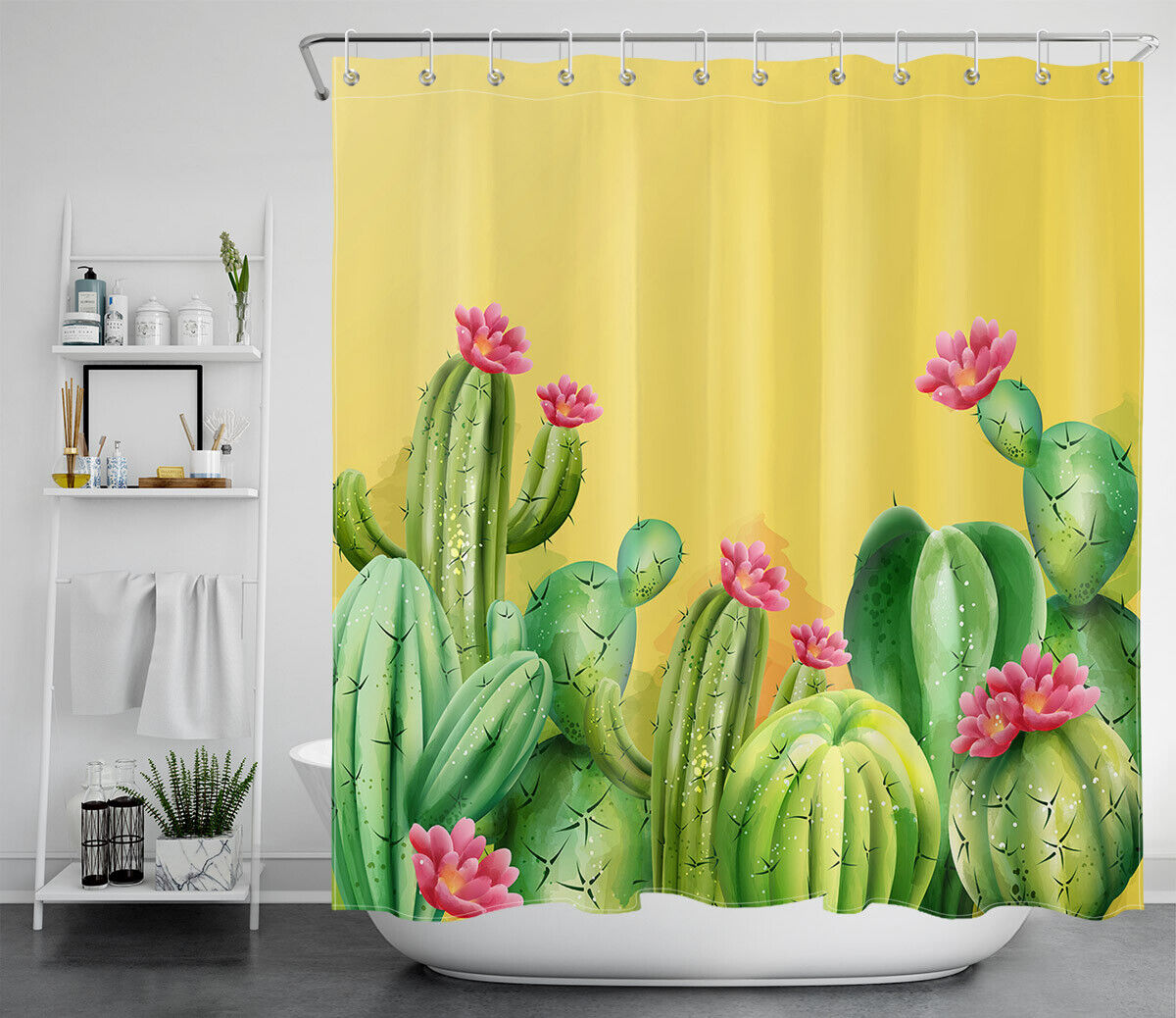 Blossoming Watercolor Cactus Succulent Flowers Shower Curtain for Your Nature Bathroom