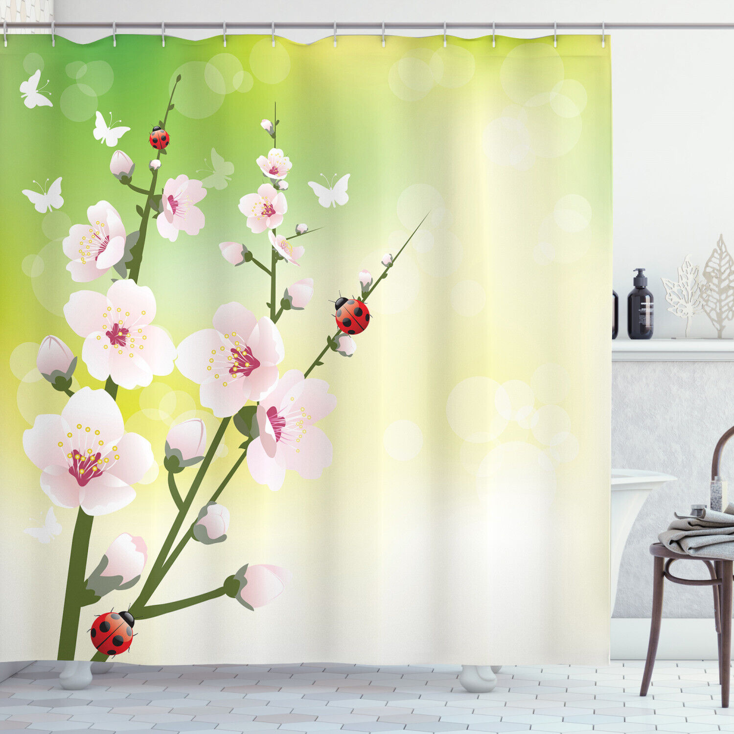 Blossoms Ladybugs Spring Print Floral Shower Curtain, Add A Playful Touch To Your Bathroom