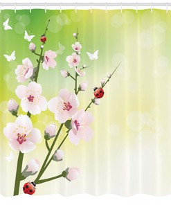 Blossoms Ladybugs Spring Print Floral Shower Curtain, Add A Playful Touch To Your Bathroom