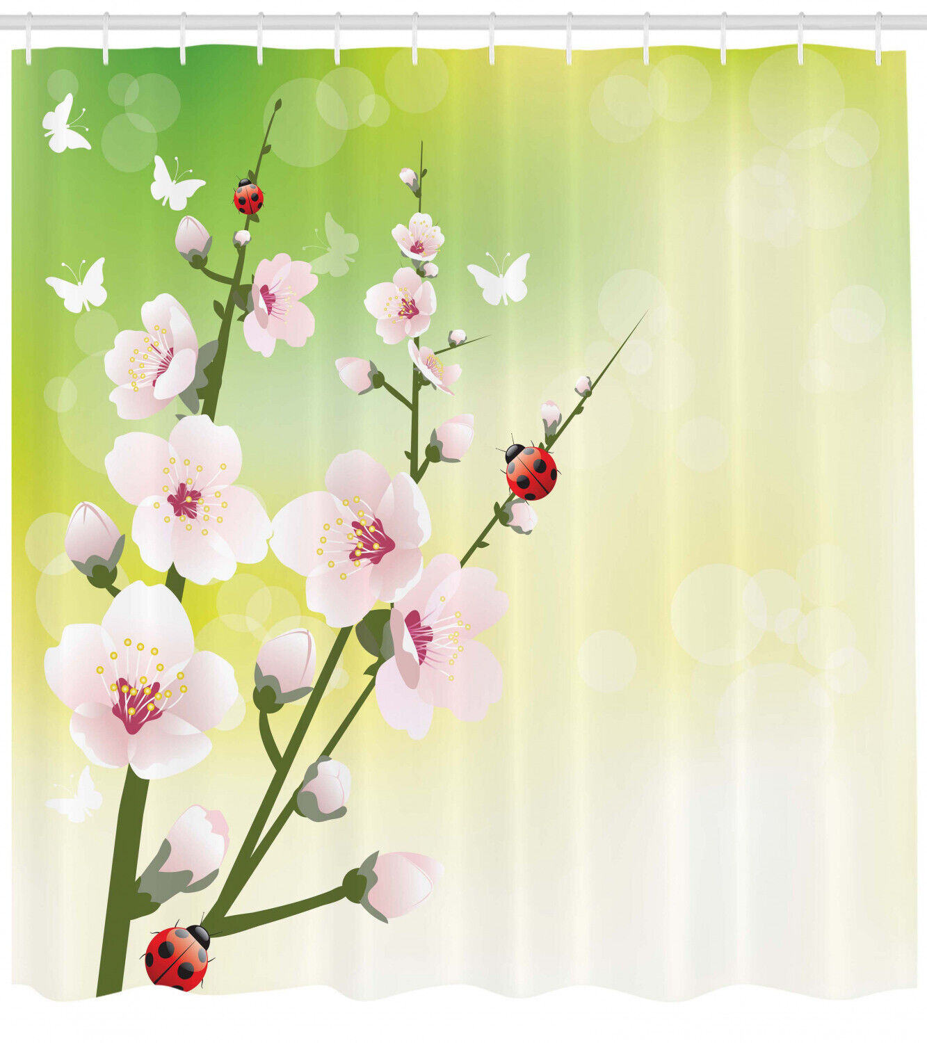 Blossoms Ladybugs Spring Print Floral Shower Curtain, Add A Playful Touch To Your Bathroom