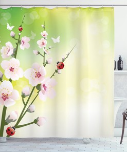 Blossoms Ladybugs Spring Print Floral Shower Curtain, Add A Playful Touch To Your Bathroom