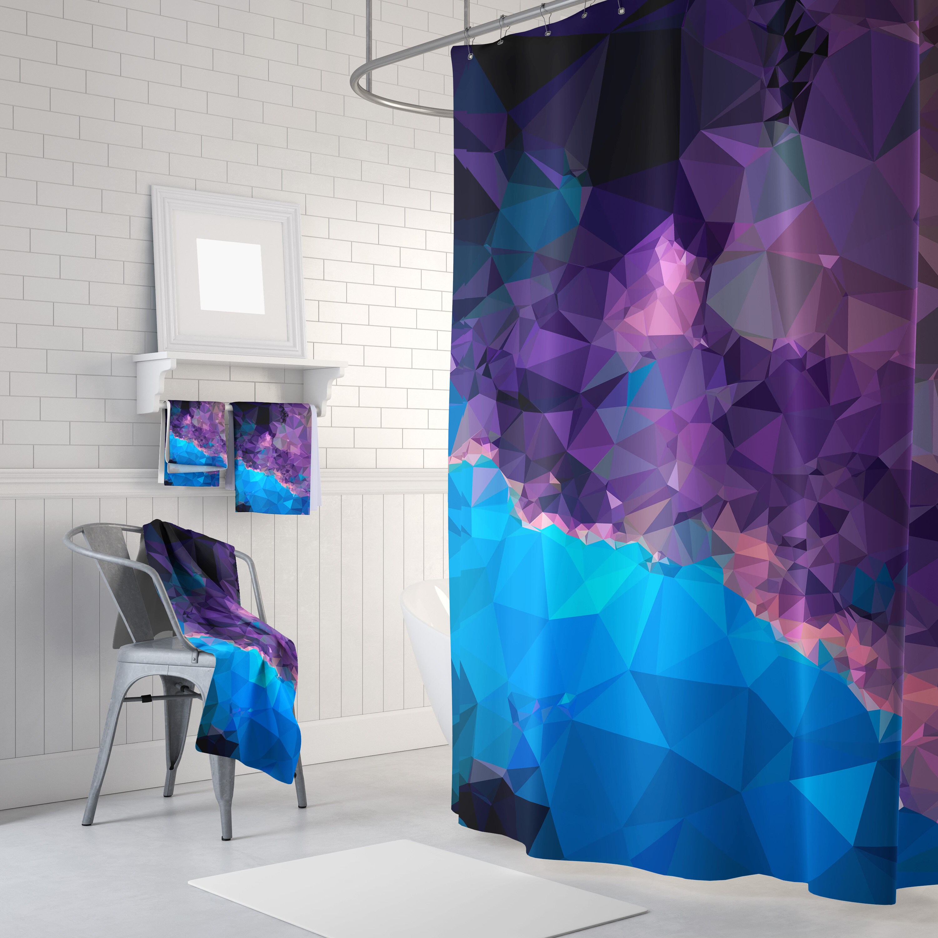Blue Abstract Galaxy Pattern Polygon Purple Shower Curtain Art for Modern Bathroom Decor