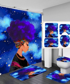 Blue Accented African American Shower Curtain With Dreamy Black Girl For Inspiring Bathroom Decor