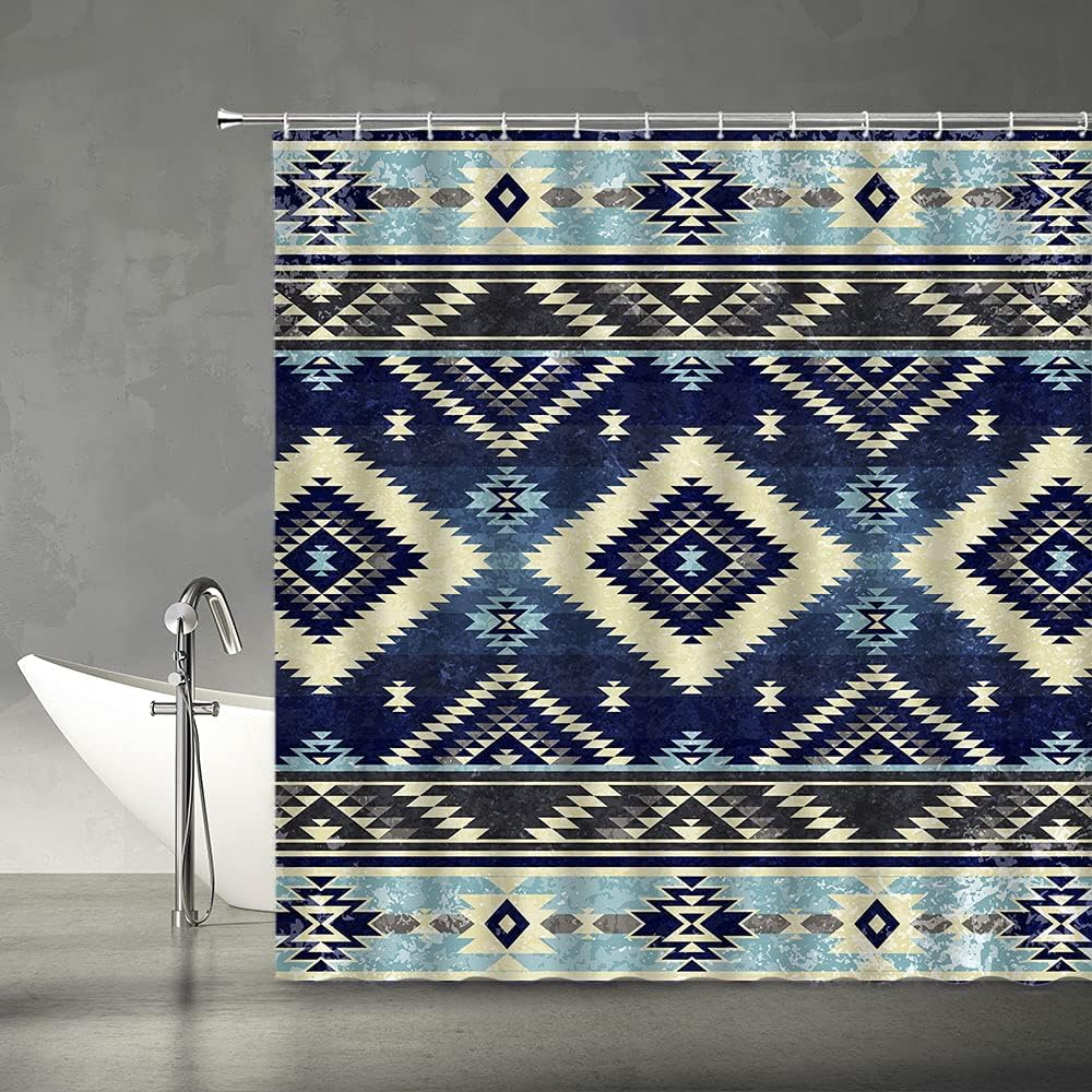 Blue And Beige Southwest Native American Shower Curtain - Image 2