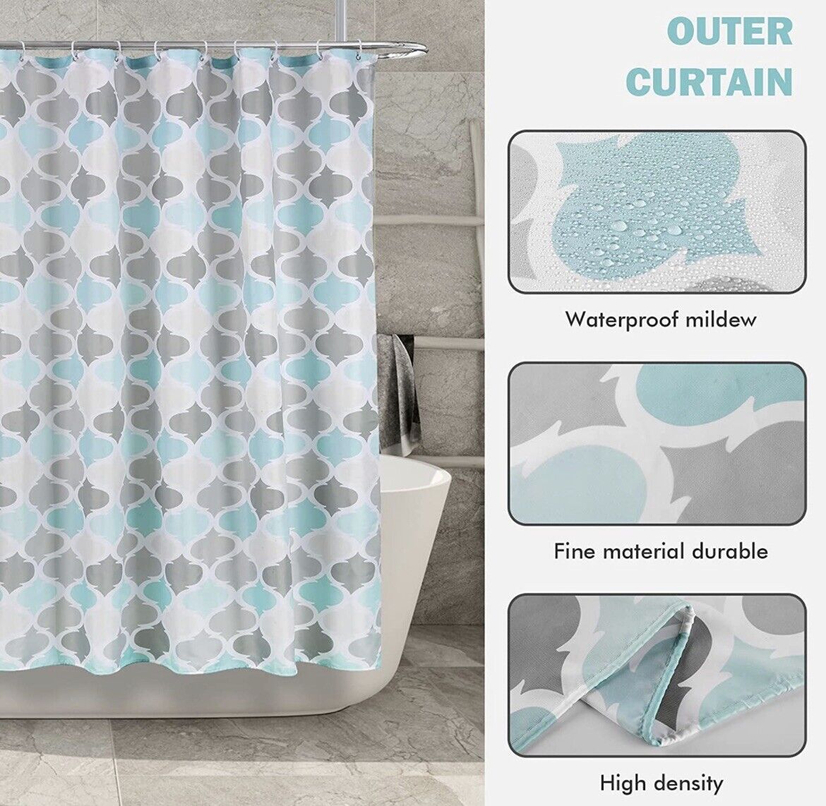 Blue And Grey Waterproof Geometric Fabric Shower Curtain For Easy Maintenance - Image 2