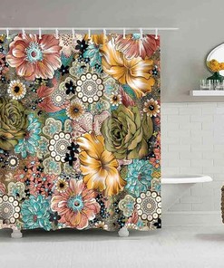 Blue And Red Flowers Fabric Shower Curtain With Colorful Floral Print, Perfect Home Bath Accessory