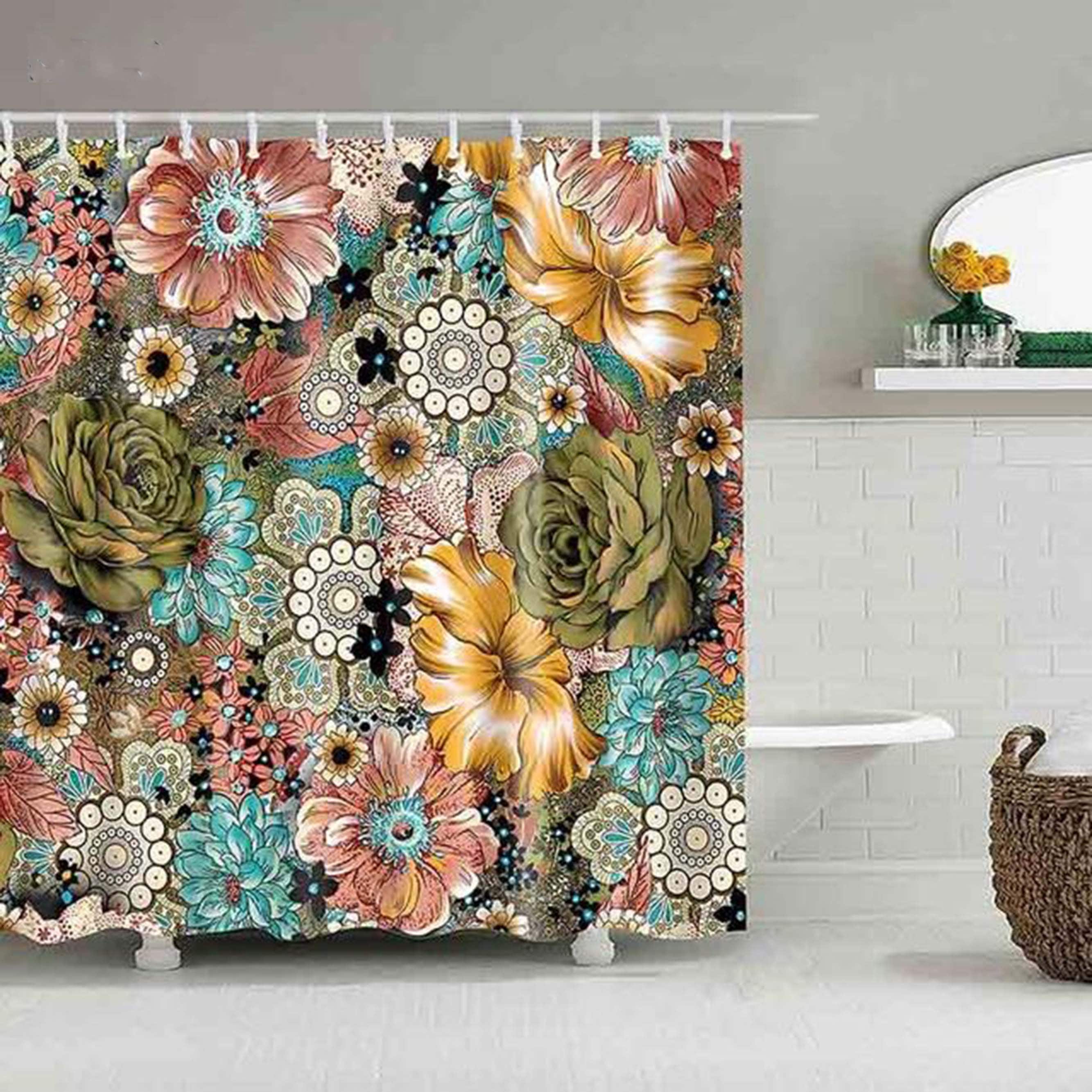 Blue And Red Flowers Fabric Shower Curtain With Colorful Floral Print, Perfect Home Bath Accessory