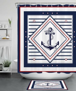 Blue And White Anchor And Geometric Striped Pattern Shower Curtain For A Nautical Theme