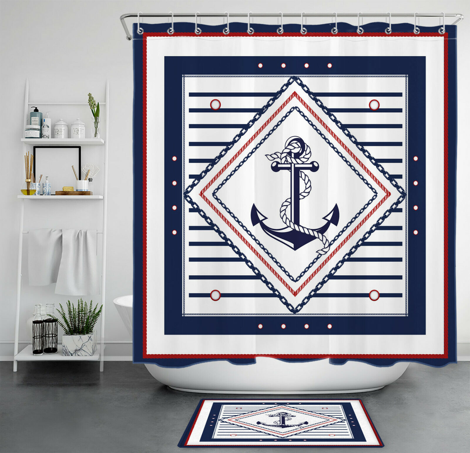Blue And White Anchor And Geometric Striped Pattern Shower Curtain For A Nautical Theme