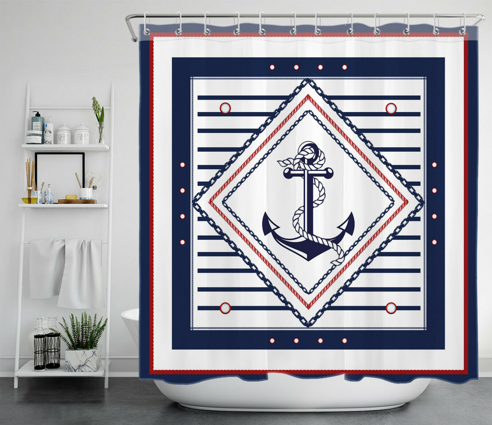 Blue And White Anchor And Geometric Striped Pattern Shower Curtain For A Nautical Theme - Image 2