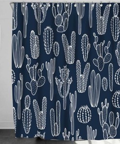 Blue And White Cactus Shower Curtain With Botanical Desert Plant Fabric Print