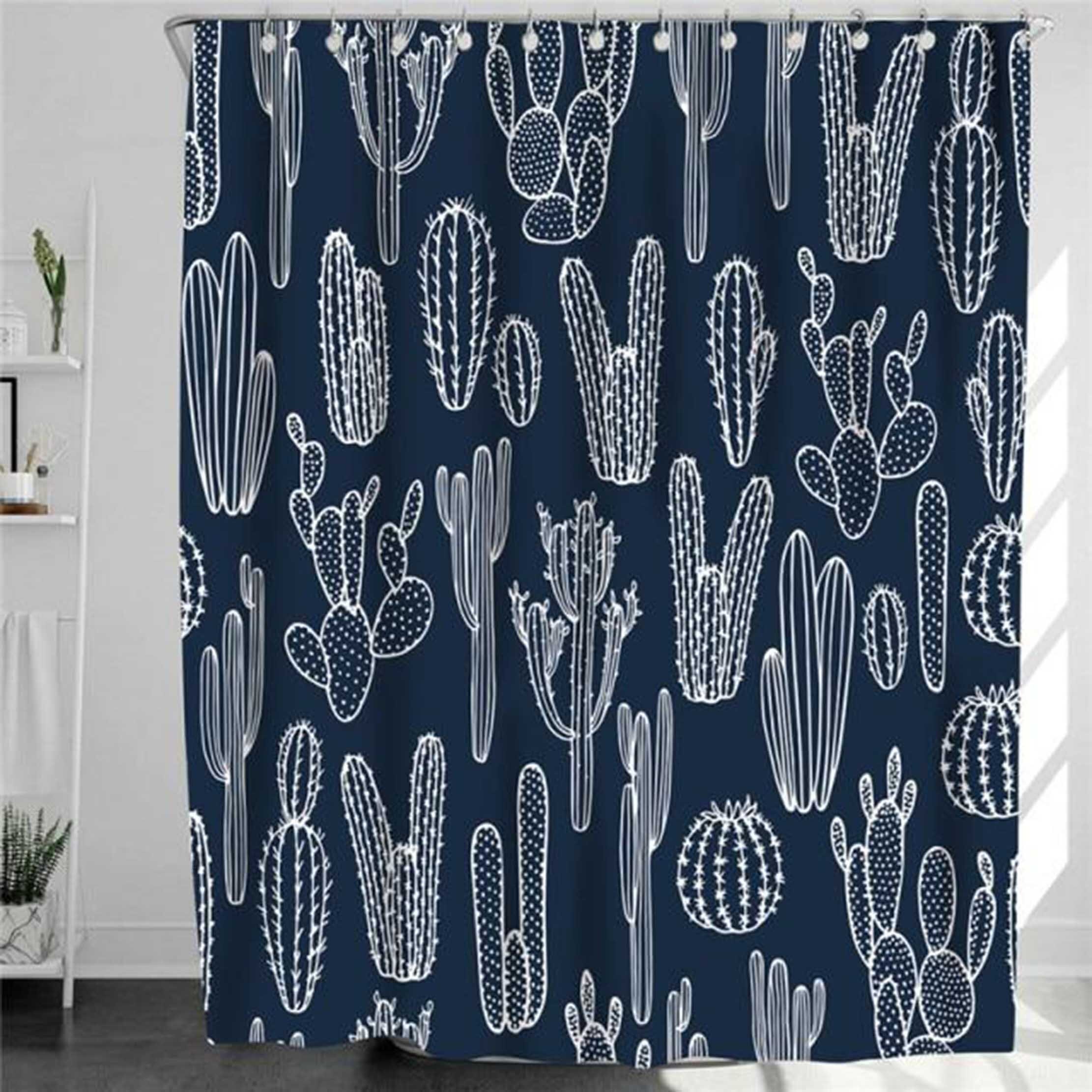 Blue And White Cactus Shower Curtain With Botanical Desert Plant Fabric Print