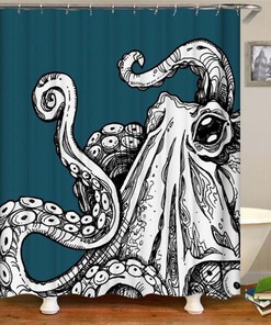 Blue And White Giant Octopus Shower Curtain For Ocean And Coastal Bathroom Decor