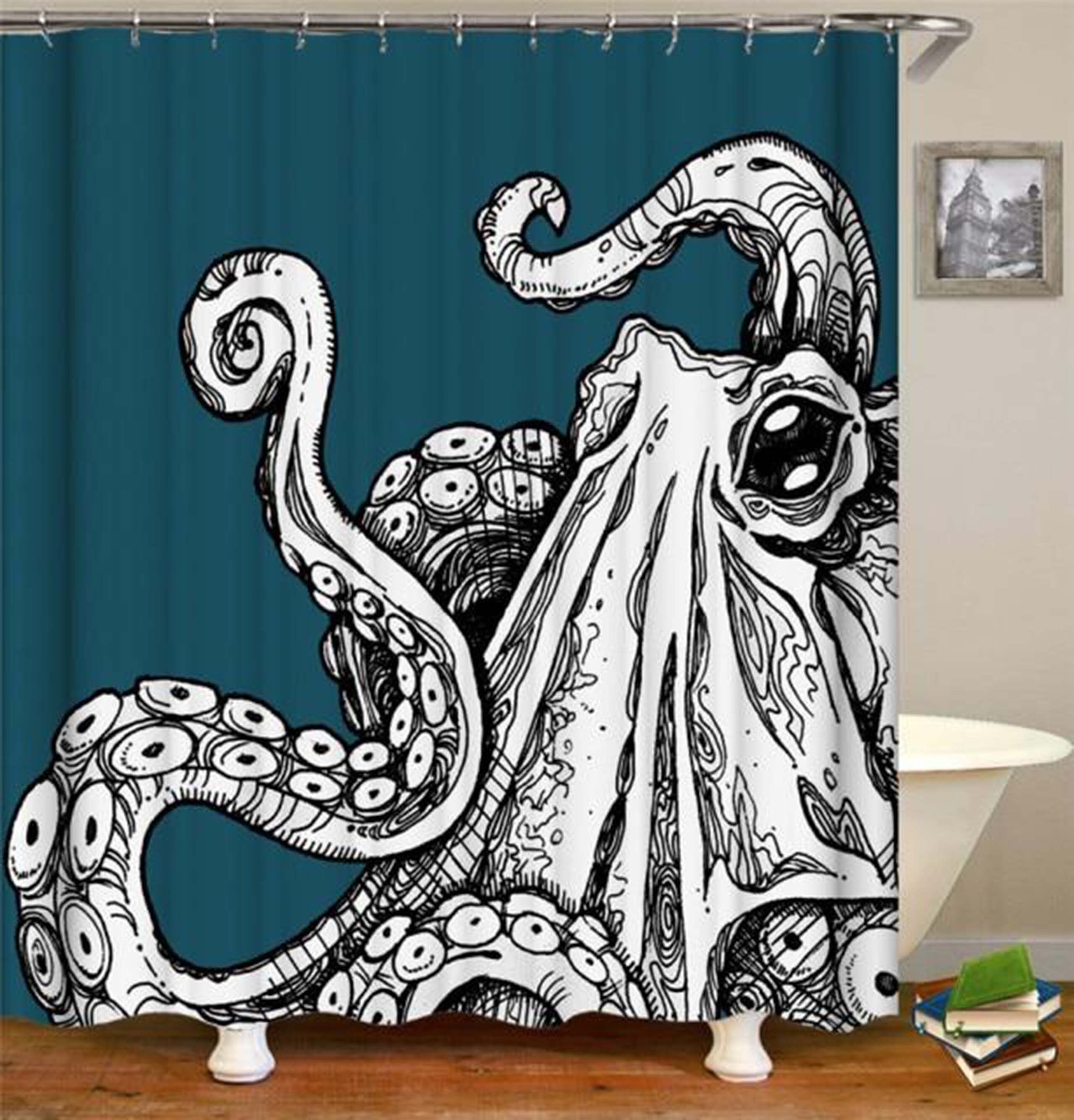 Blue And White Giant Octopus Shower Curtain For Ocean And Coastal Bathroom Decor