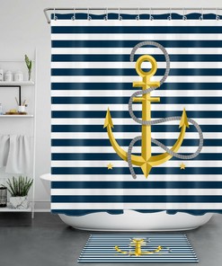 Blue And White Golden Stars And Anchor Striped Shower Curtain For A Coastal Vibe