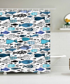 Blue And White Japanese Style Fish Print Shower Curtain For Underwater Theme Bathroom Decor