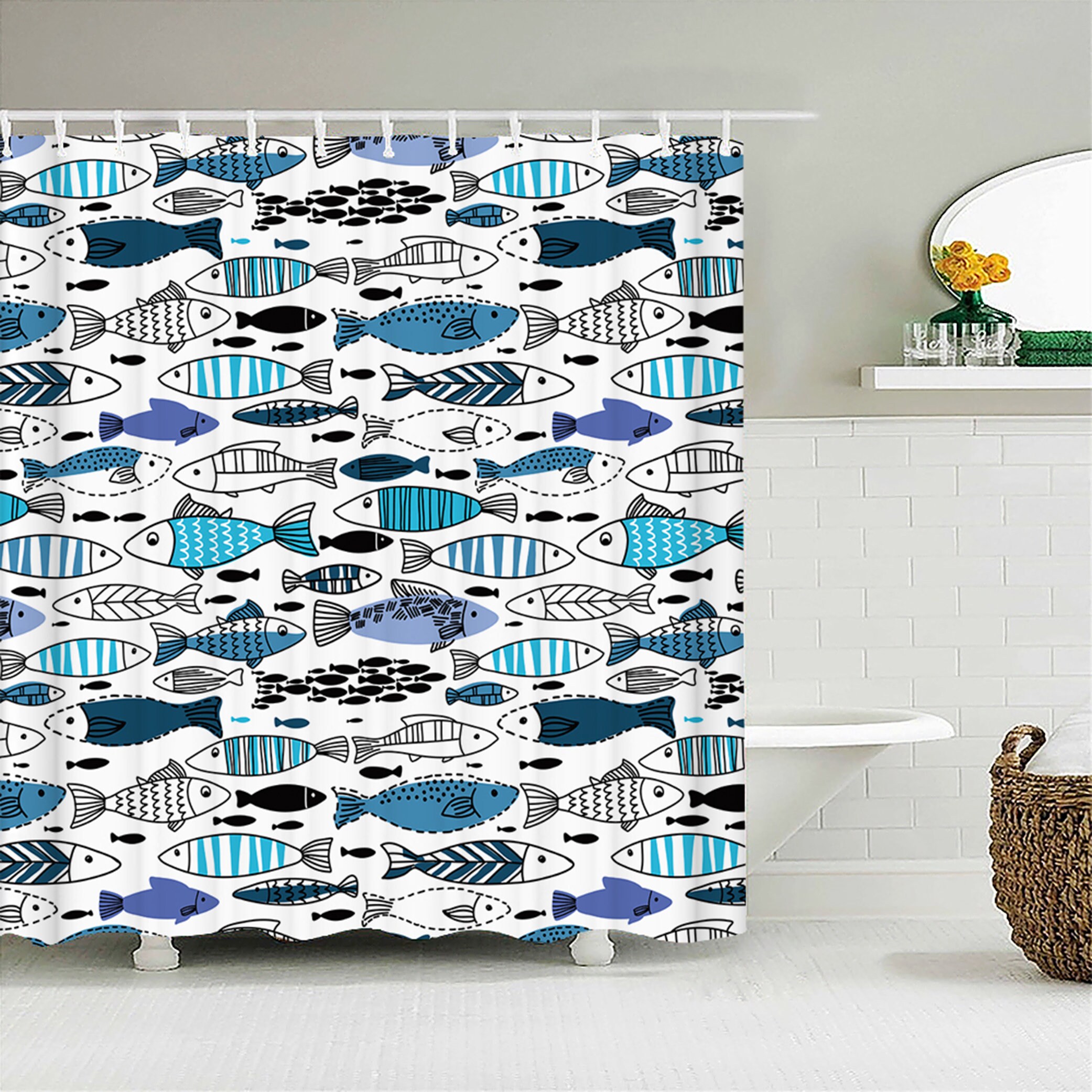 Blue And White Japanese Style Fish Print Shower Curtain For Underwater Theme Bathroom Decor