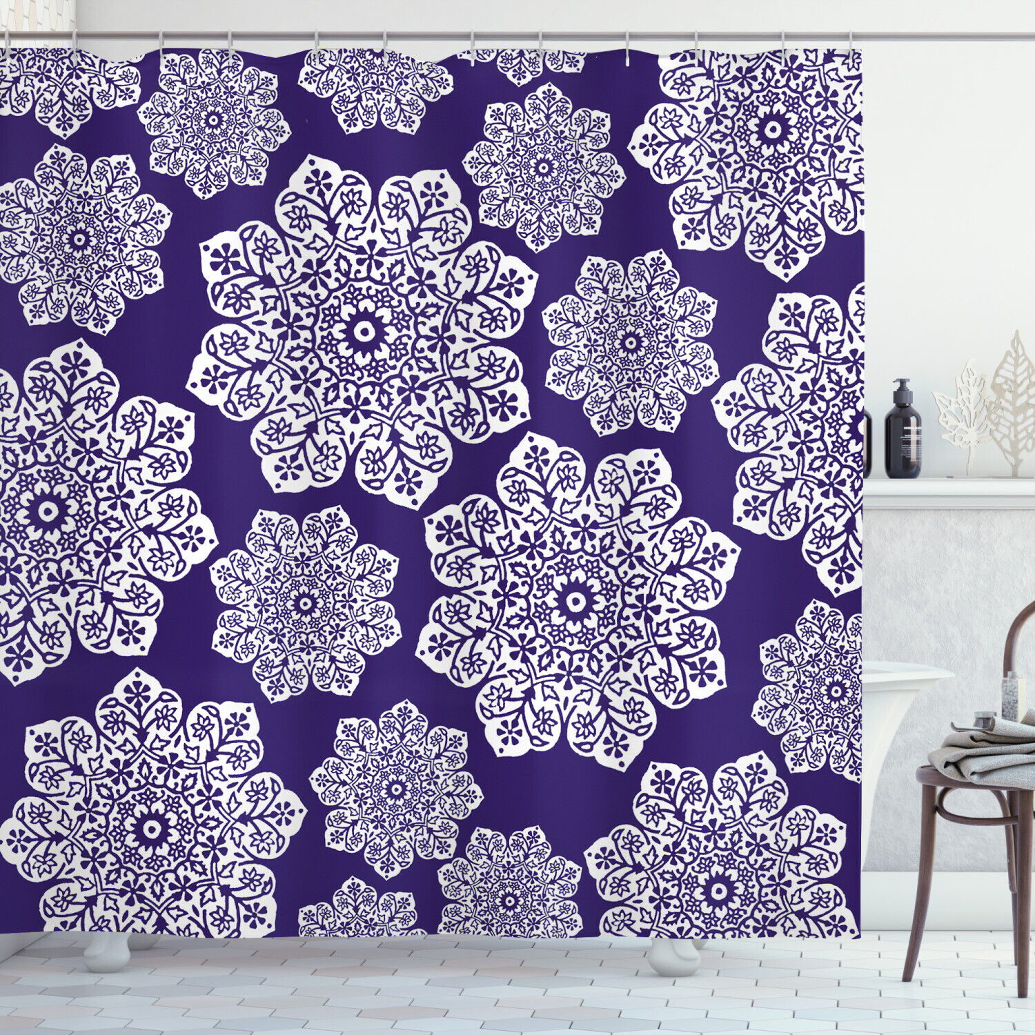 Blue And White Lace Snowflake Print Shower Curtain For A Delicate Look
