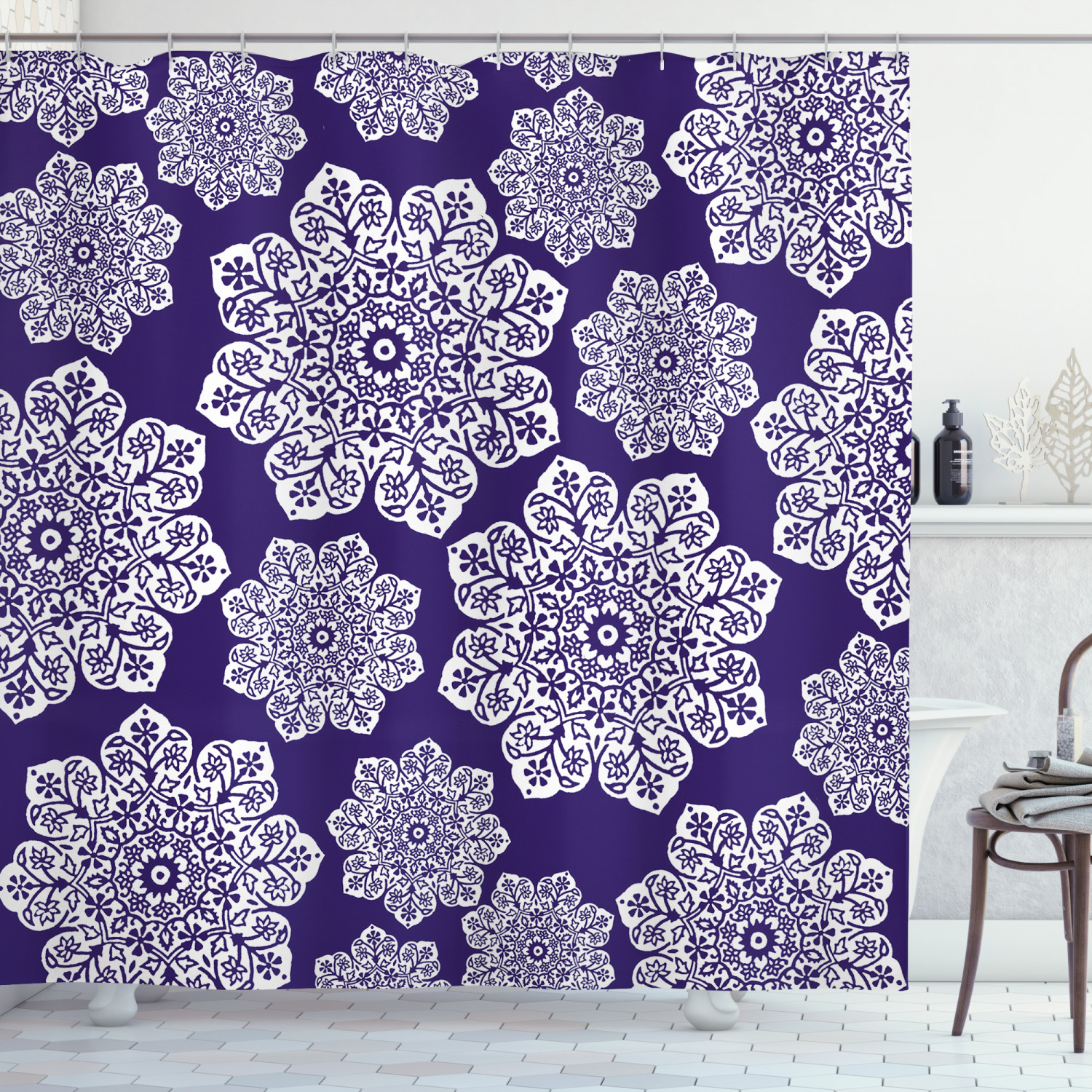 Blue And White Lace Snowflake Print Shower Curtain For A Delicate Look - Image 3