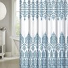 Blue And White Metallic Shimmer Boho Shower Curtain With Modern Floral Damask Border