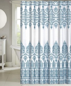 Blue And White Metallic Shimmer Boho Shower Curtain With Modern Floral Damask Border