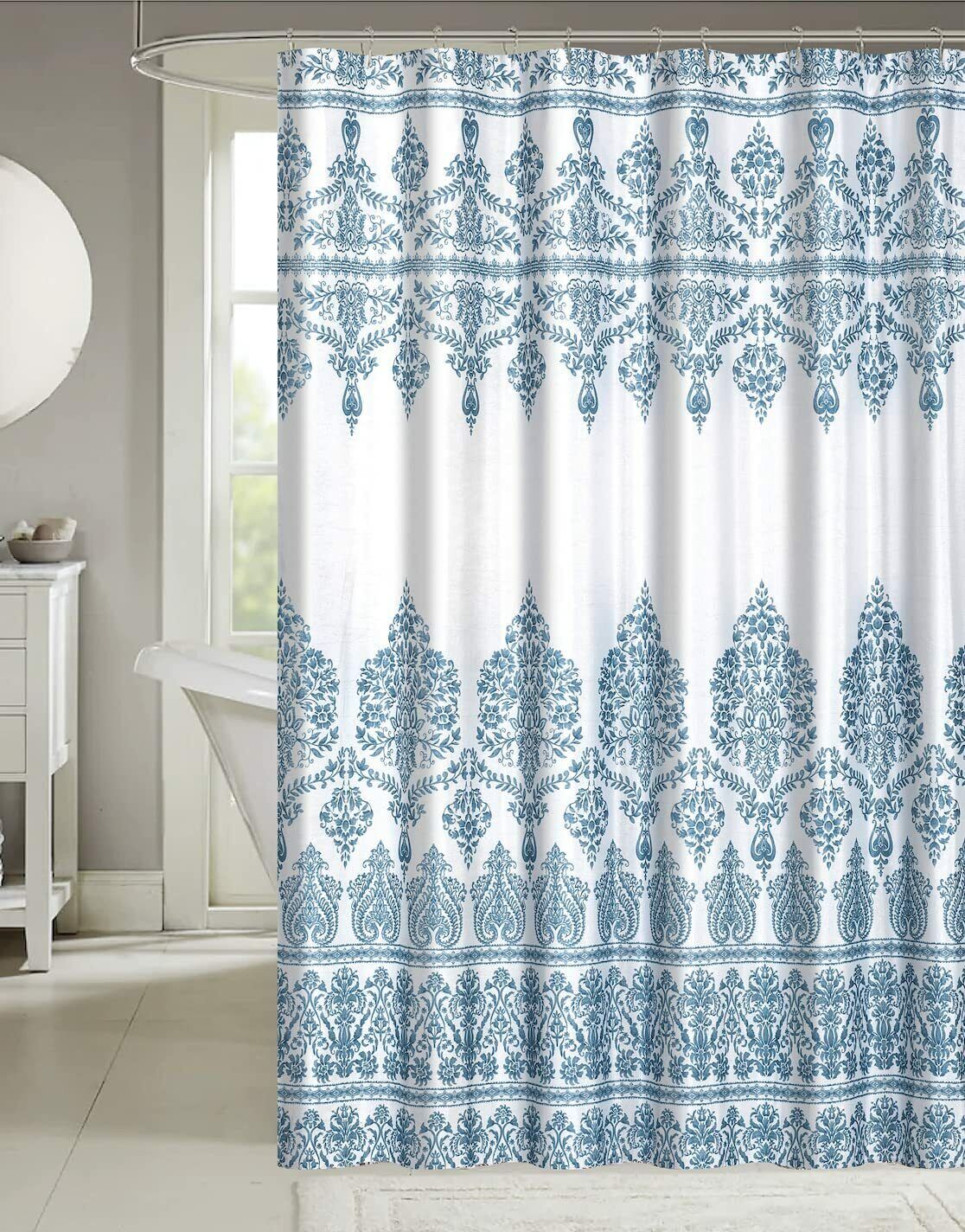 Blue And White Metallic Shimmer Boho Shower Curtain With Modern Floral Damask Border