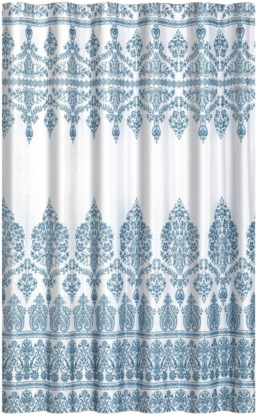 Blue And White Metallic Shimmer Boho Shower Curtain With Modern Floral Damask Border - Image 2