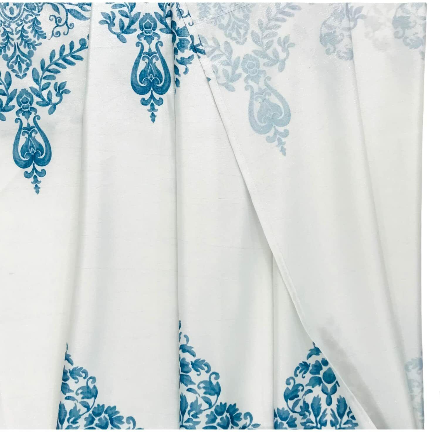 Blue And White Metallic Shimmer Boho Shower Curtain With Modern Floral Damask Border - Image 3