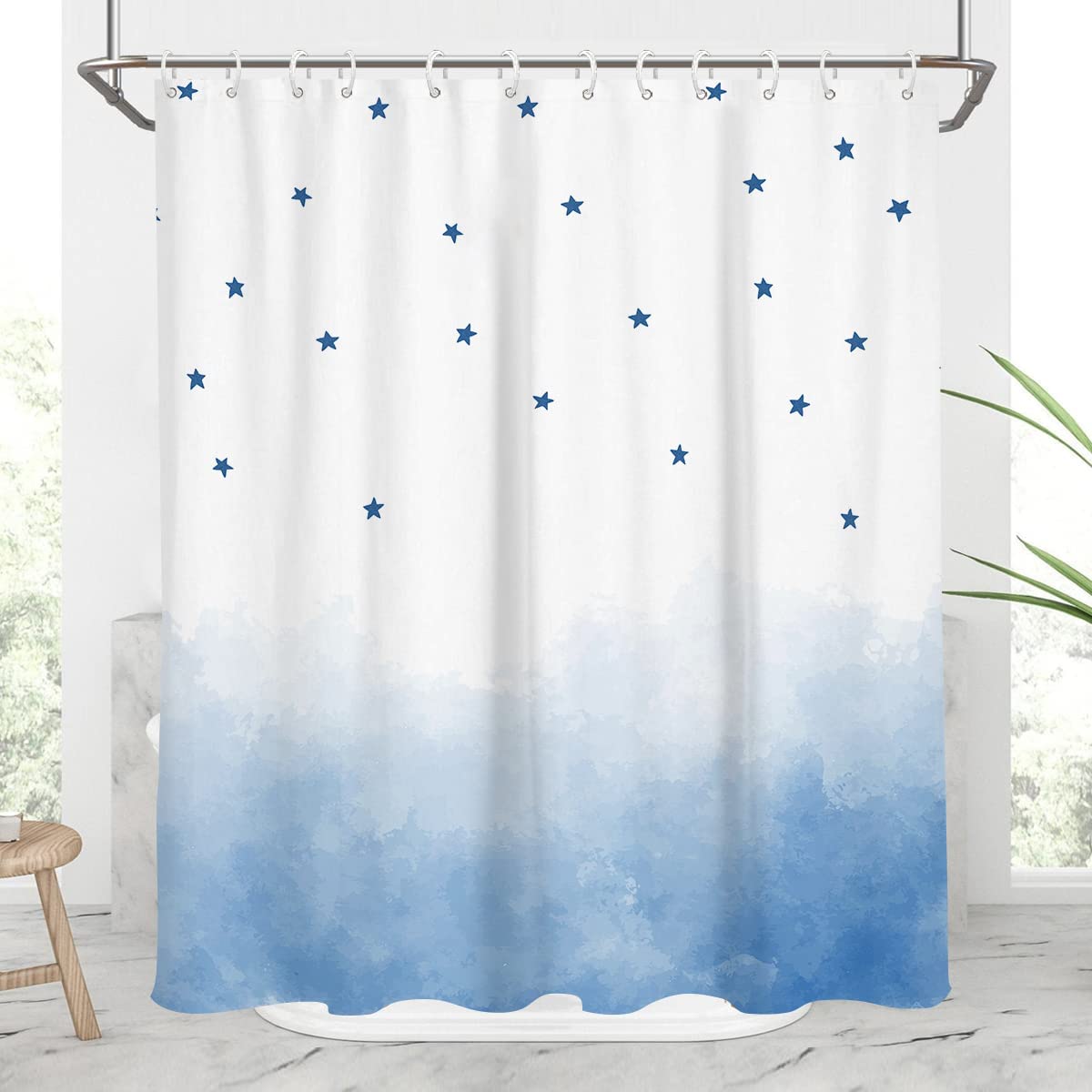 Blue And White Shower Curtain With Watercolor Stars Ombre Minimalist Sparsed Dreamy Gradient Painting Design