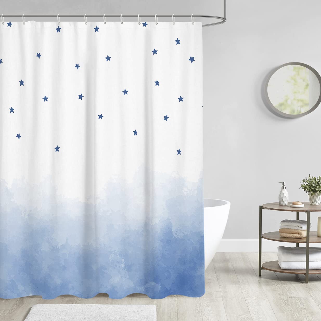 Blue And White Shower Curtain With Watercolor Stars Ombre Minimalist Sparsed Dreamy Gradient Painting Design - Image 2