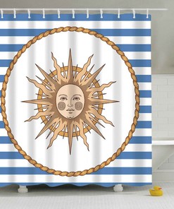 Blue And White Striped Fabric Shower Curtain With Celestial Sun