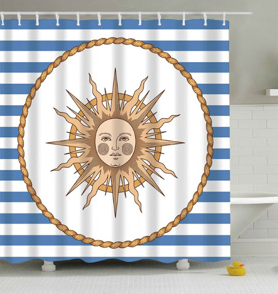 Blue And White Striped Fabric Shower Curtain With Celestial Sun