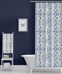Blue And White Tile Mosaic Print Boho Shower Curtain For Modern Farmhouse Bathroom Ideas