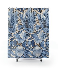 Blue And White William Morris Inspired Shower Curtain, Garden-Themed Bathroom Decor 