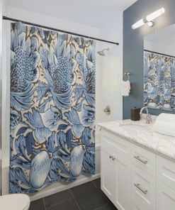 Blue And White William Morris Inspired Shower Curtain, Garden-Themed Bathroom Decor