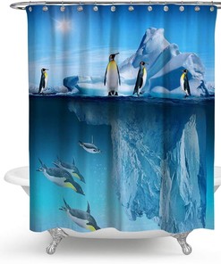Blue Antarctic Glacier Penguin Shower Curtain For Arctic Bathroom Decor