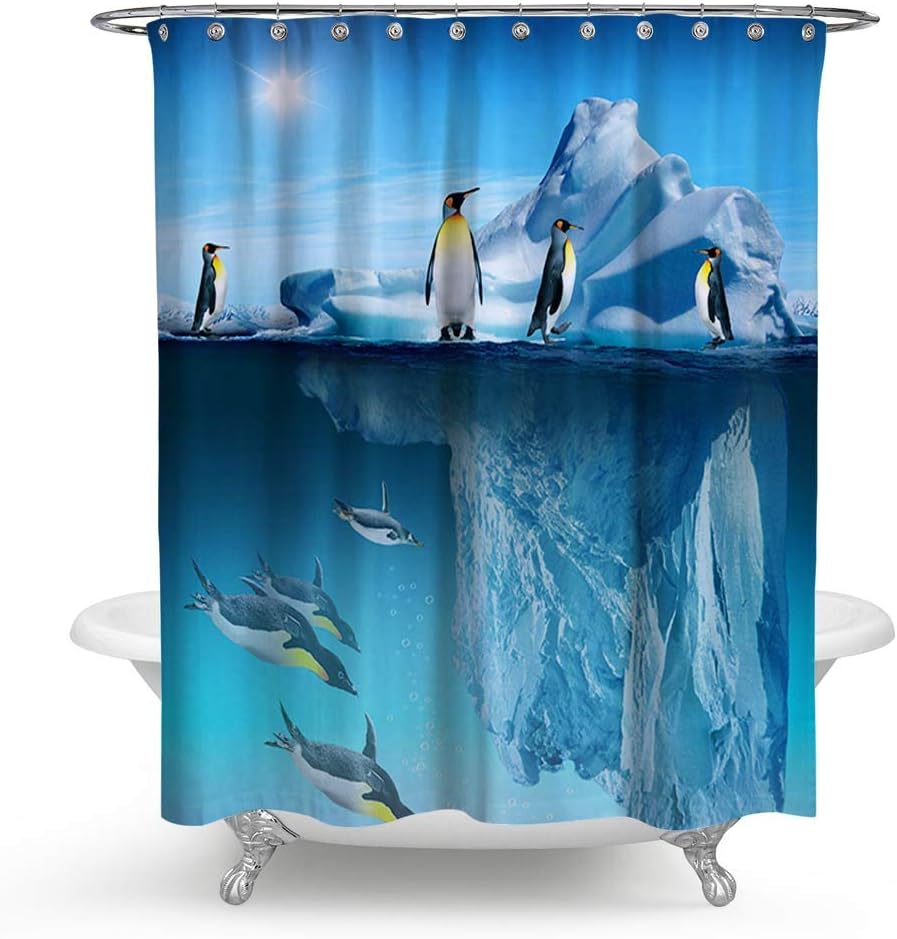 Blue Antarctic Glacier Penguin Shower Curtain For Arctic Bathroom Decor