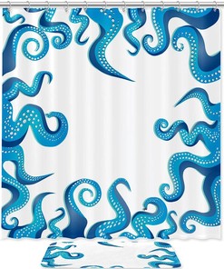 Blue Antennae Octopus Whale Ocean Print Waterproof Shower Curtain for Bathroom