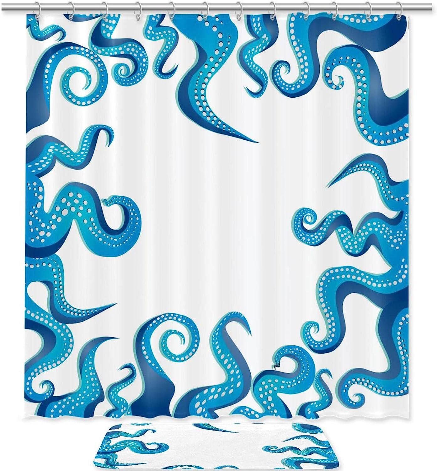 Blue Antennae Octopus Whale Ocean Print Waterproof Shower Curtain for Bathroom