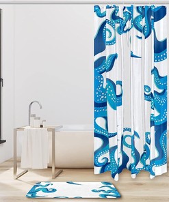 Blue Antennae Octopus Whale Ocean Print Waterproof Shower Curtain for Bathroom