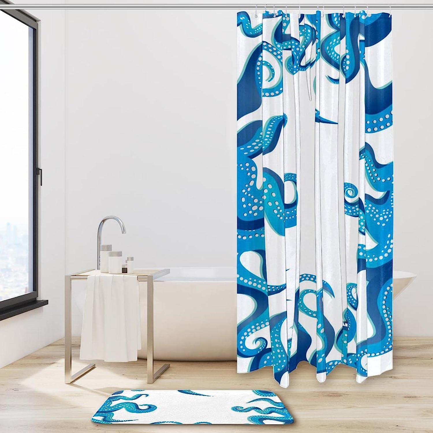 Blue Antennae Octopus Whale Ocean Print Waterproof Shower Curtain for Bathroom